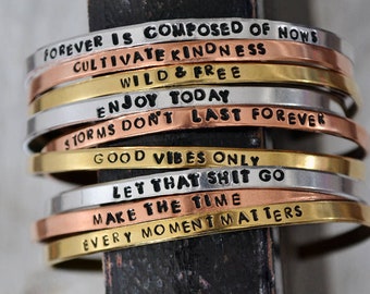 Hand Stamped Cuff Bracelet - Personalized Stacking Bracelet - Custom Mantra Bracelet - Inspirational Bracelet - Bible Verse - Custom Saying