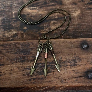 Huntress Triple Arrow Necklace - Wire Wrapped Arrow Necklace - Tribal Necklace - Mixed Metals - Custom Colors