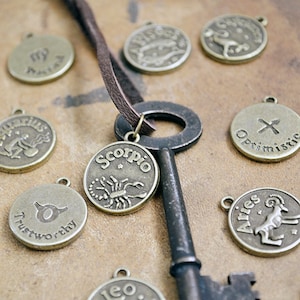 Zodiac Key Necklace Horoscope Key Necklace Skeleton Key Jewelry Mens Zodiac Necklace Leather Womens Zodiac Necklace image 1