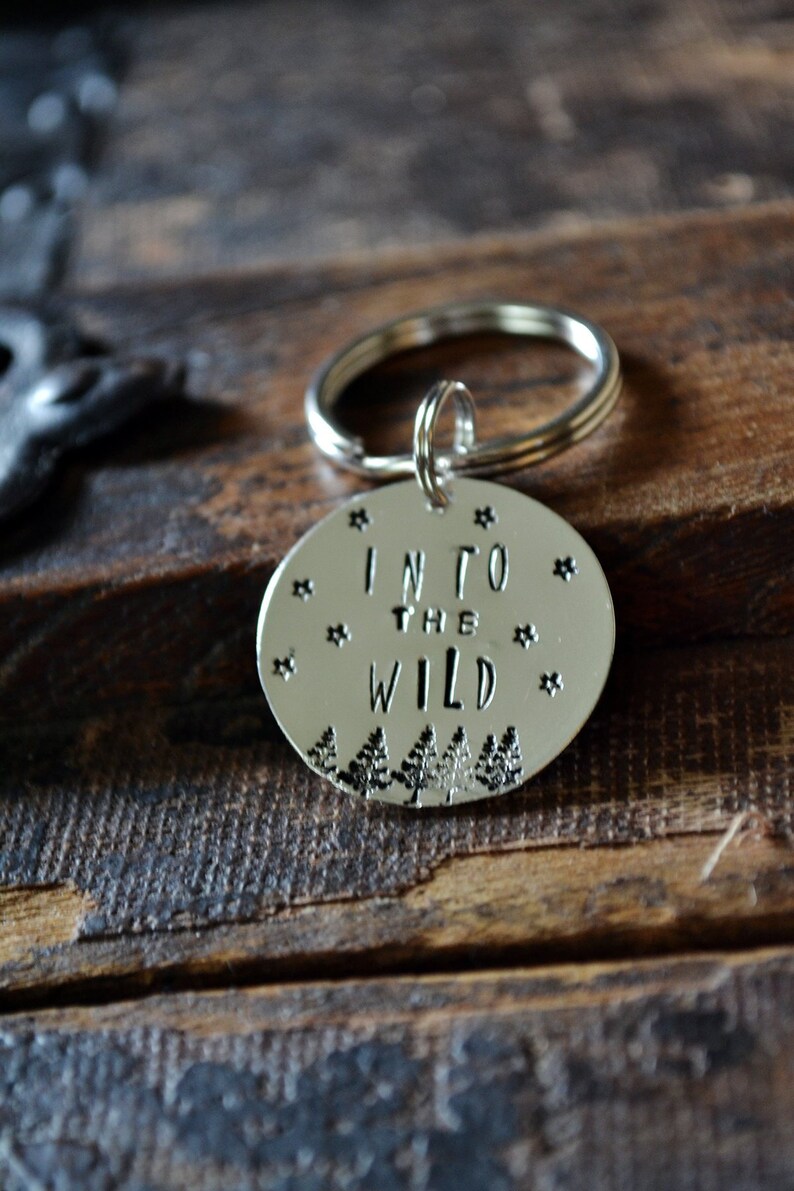 Into The Wild Hand Stamped Silver Keychain Stars Pine Trees image 1