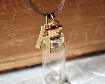 Leather Message In A Bottle Initial Necklace - Vial Necklace - Glass Bottle - Customize This Necklace