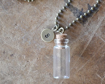 Hand Stamped Initial Message In A Bottle Necklace - Mens Necklace - Brass Bottle Necklace - Mini Bottle - Customize This Necklace