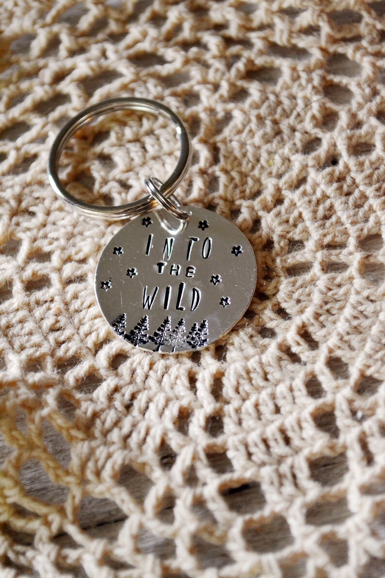 Into The Wild Hand Stamped Silver Keychain Stars Pine Trees image 3