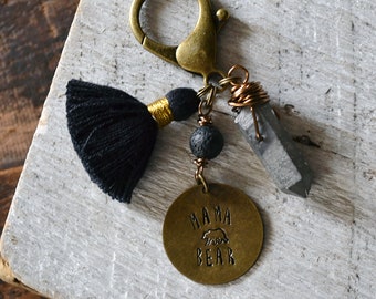 Mama Bear Keychain - Hand Stamped - Diffuser Keychain - Essential Oil Keychain - Quartz Point Keychain - Crystal