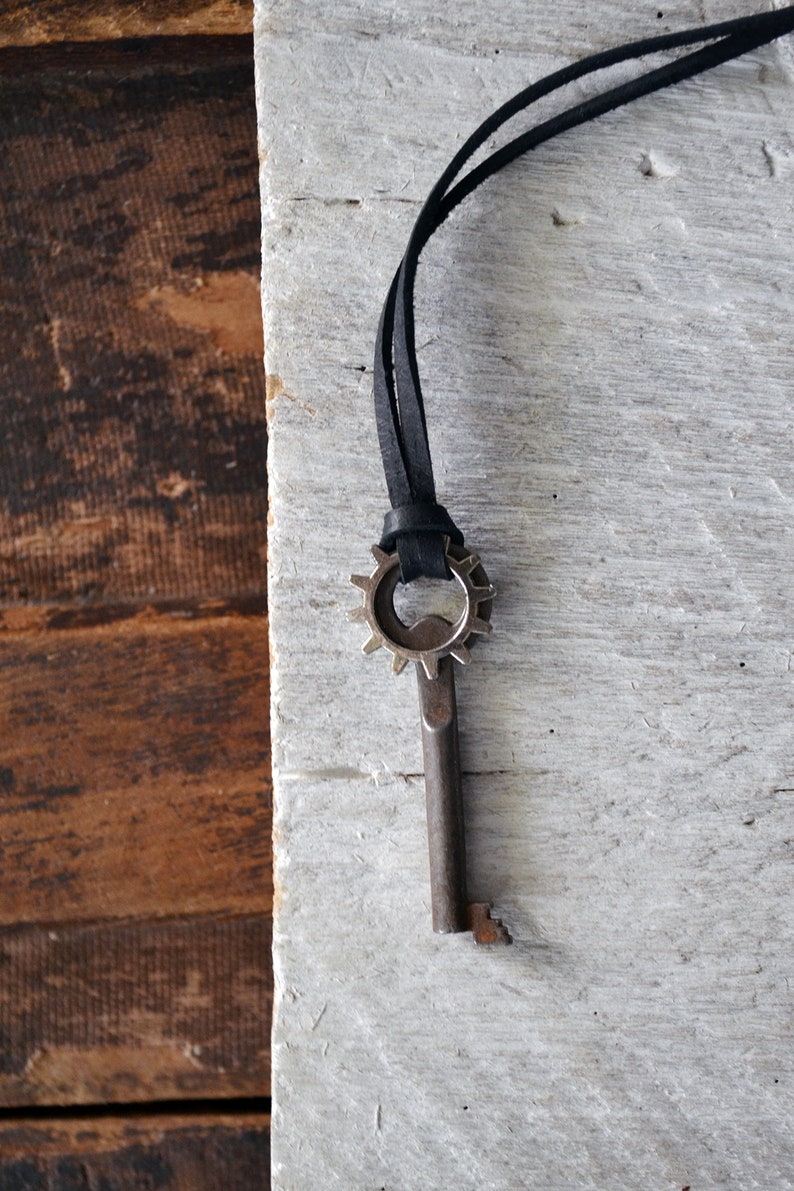 Mens Skeleton Key Necklace Steampunk Key Vintage Skeleton Key Leather Key Necklace Gear Necklace Mens Key To My Heart Necklace image 5