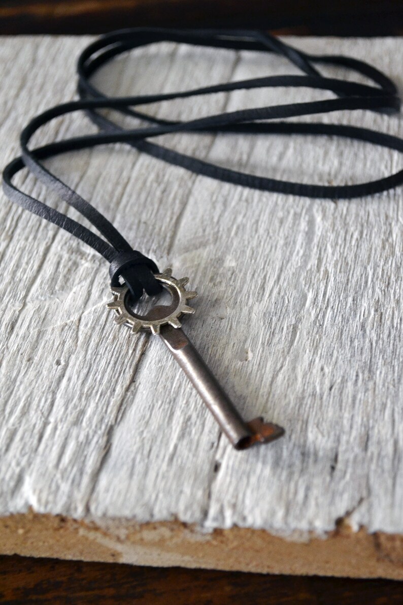 Mens Skeleton Key Necklace Steampunk Key Vintage Skeleton Key Leather Key Necklace Gear Necklace Mens Key To My Heart Necklace image 3