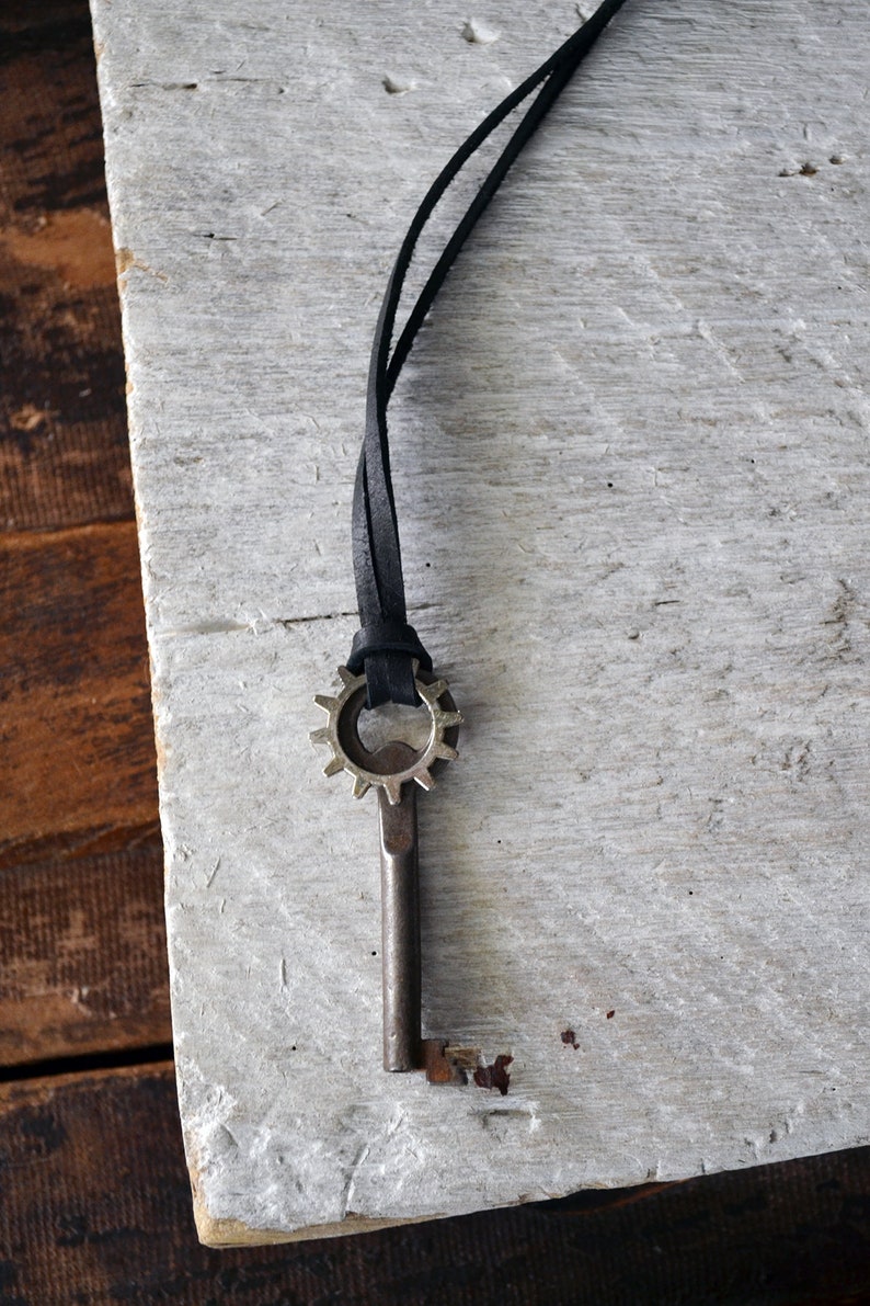 Mens Skeleton Key Necklace Steampunk Key Vintage Skeleton Key Leather Key Necklace Gear Necklace Mens Key To My Heart Necklace image 1