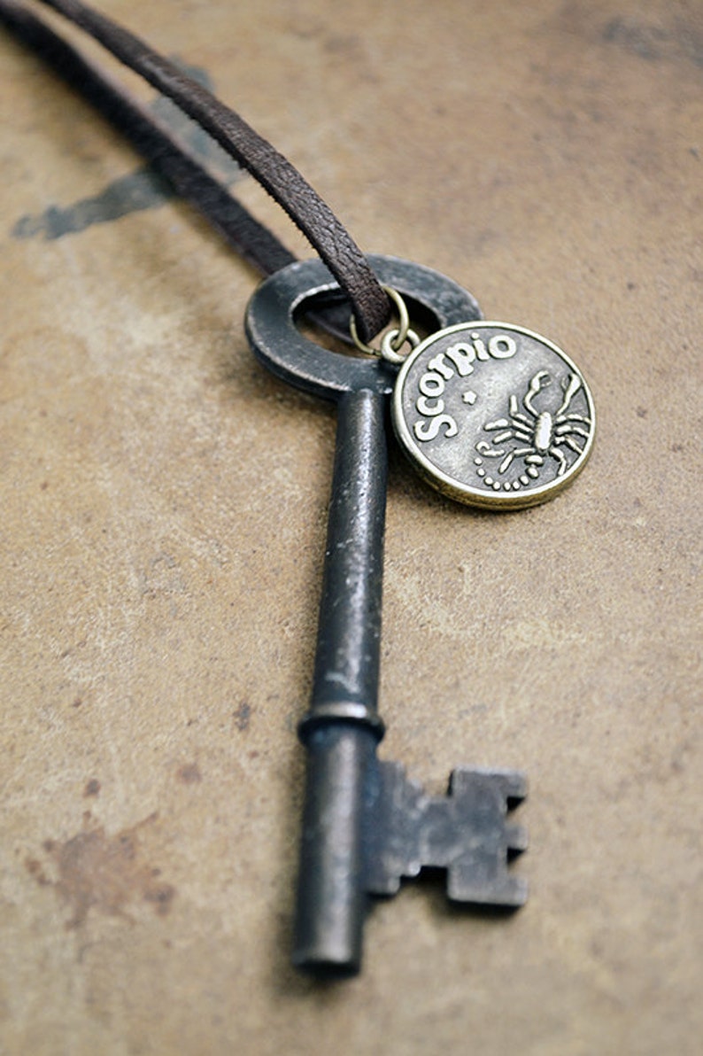 Zodiac Key Necklace Horoscope Key Necklace Skeleton Key Jewelry Mens Zodiac Necklace Leather Womens Zodiac Necklace image 3