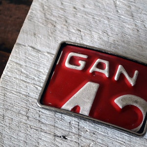 License Plate Belt Buckle - Michigan 76 License Plate - Patriotic - Red & White Belt Buckle