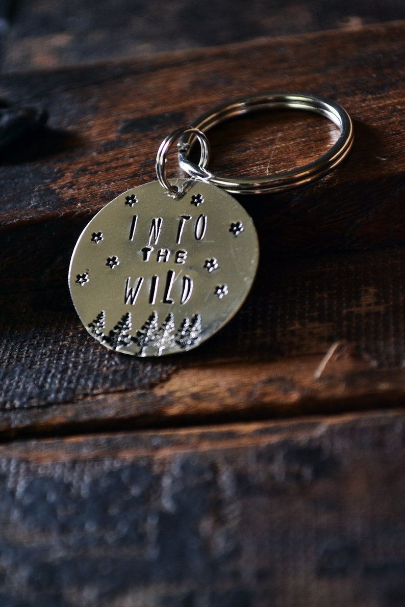 Into The Wild Hand Stamped Silver Keychain Stars Pine Trees image 2