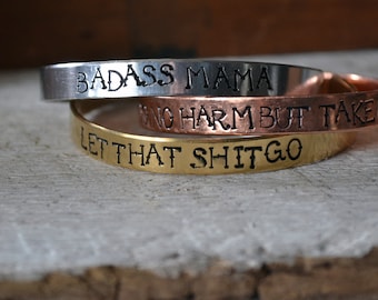 Hand Stamped Cuff Bracelet - Tattoo Text - Personalized Stacking Bracelet - Custom Mantra Bracelet - Custom Saying