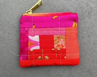 pink and orange patchwork zipper coin pouch