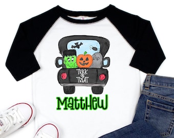 Boys Halloween Truck Personalized Shirt, Boys Halloween Tee, Boys Halloween Raglan