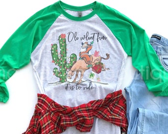 Western Christmas Raglan Tee, Cowboy Christmas Baseball Tee, Santa Horse Shirt, Cactus Bucking Horse Santa Shirt