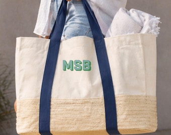 Custom Embroidered Straw Tote Bag, Personalized Beach Pool Vacation Bag