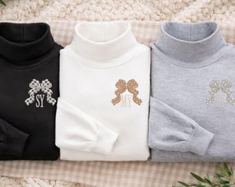Personalized Gingham Bow Oversized Mockneck Pullover, Gift for Women