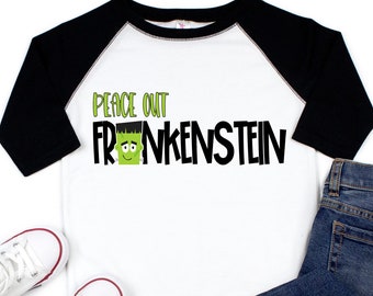 Boys Halloween Shirt, Boys Halloween Tee, Boys Halloween Raglan, Peace Out Frankenstein