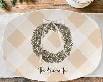 Neutral Wreath Christmas Platter – Personalized Holiday Serving Tray