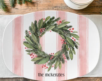 Watercolor Wreath Christmas Platter – Personalized Holiday Serving Tray