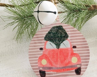 Volkswagen Bug Ornament, VW Car With Tree On Top Christmas Ornament, Personalized Christmas Ornament