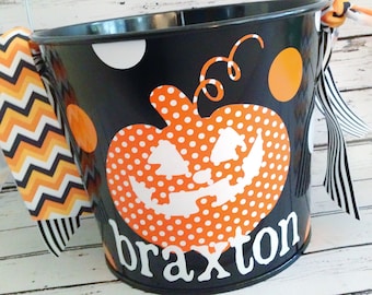 Personalized Halloween Jack O Lantern Bucket for Trick or Treating