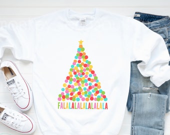 Falalala Bright Christmas Tree Graphic Tee Sweatshirt for the holidays, Women's Christmas Shirt