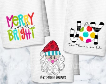 Merry and Bright Christmas Waffle Weave Holiday Dish Towel