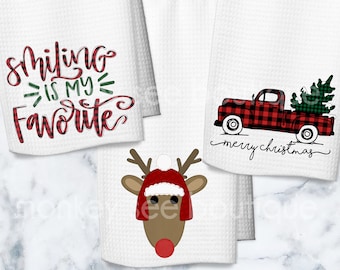 Christmas Tree Truck Waffle Weave Holiday Dish Towel