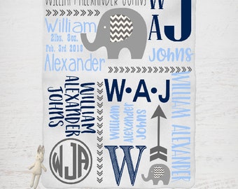 Personalized Elephant Baby Blanket - Boy Elephant Name Blanket - Elephant Receiving Blanket - Swaddling Infant Blanket - Monogram Blanket