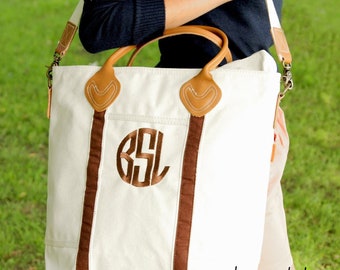 Custom Monogrammed Canvas Flight Tote Bag Featuring Leather Handles and Ready for Travel