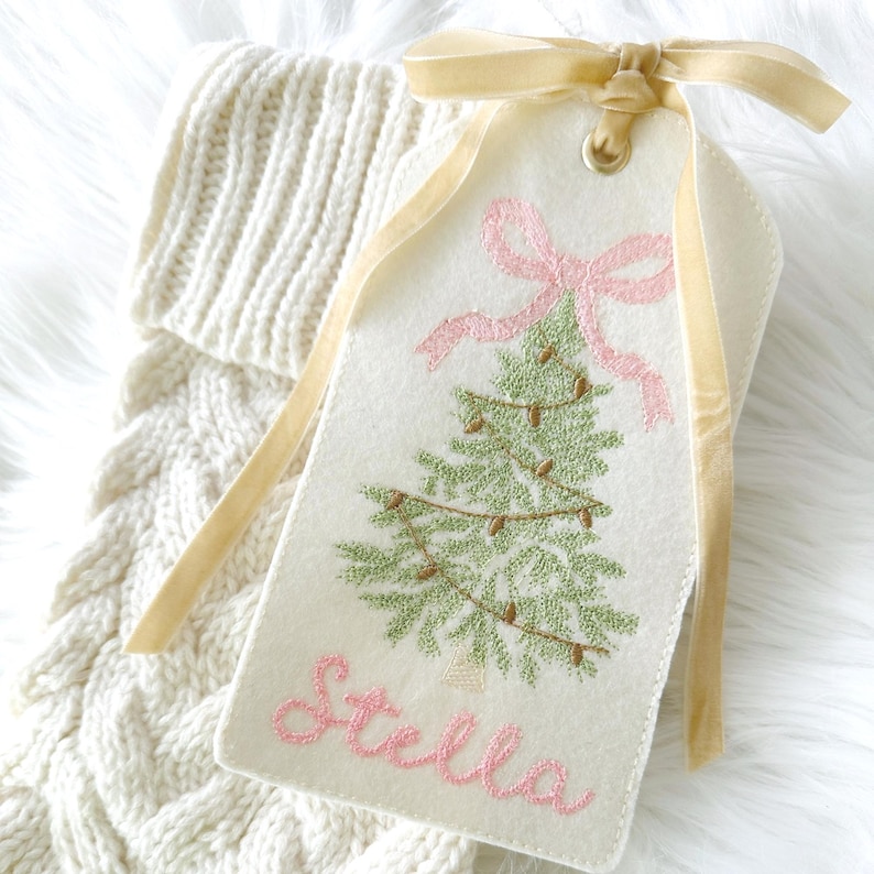 Personalized Embroidered Felt Christmas Tag – Velvet Ribbon Stocking Name