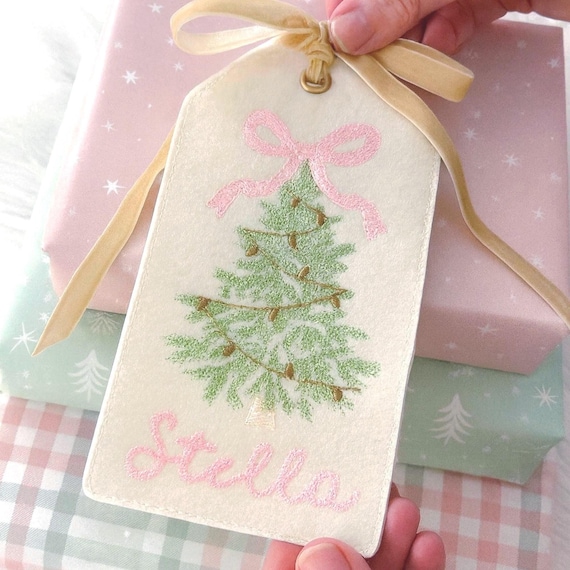 Personalized Embroidered Felt Christmas Tag – Velvet Ribbon Stocking Name