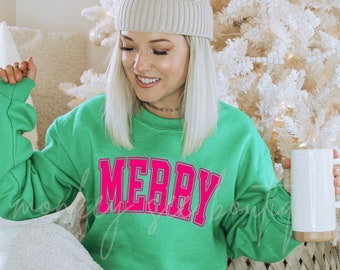 Bright Hot Pink Merry Christmas Crewneck, Modern Christmas Sweatshirt, Christmas Sweater