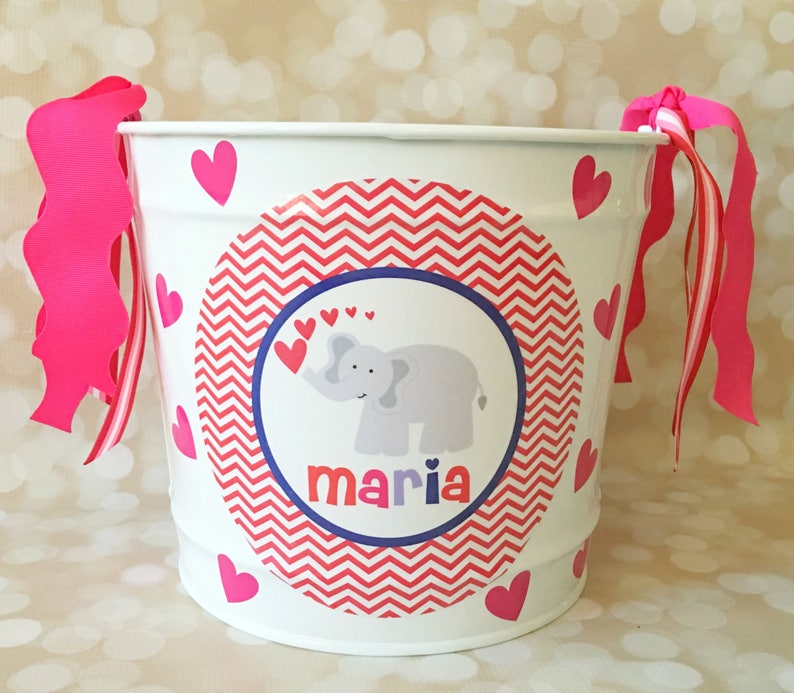 Kid's Valentine Day Bucket Elephant Bucket Elephant Valentine Pail Personalized Kids Pail Valentine Gift for Kids Kids Pail Gift image 1