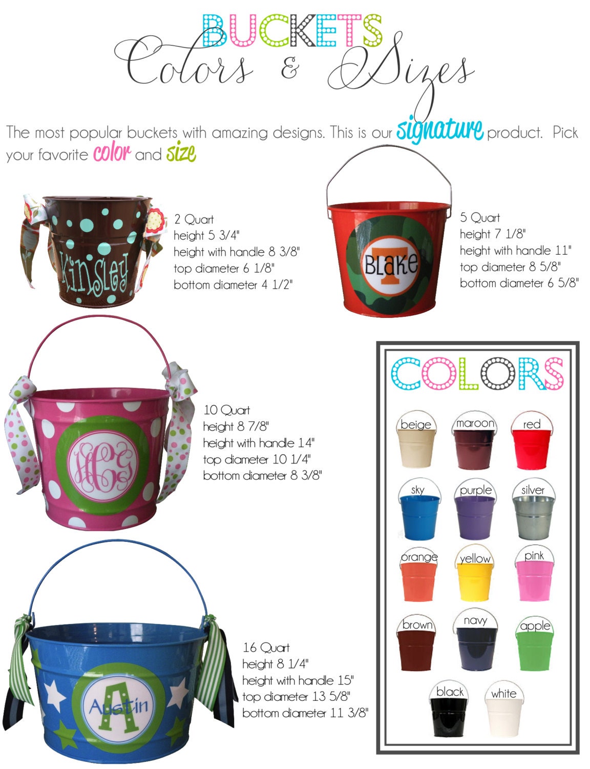 Custom 10 QUART Bucket With Stacked Name in Green and Blues Etsy