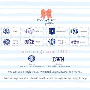 Pu&ograve; includere: Un'immagine con esempi di monogrammi con il testo "monkey see boutique". L'immagine mostra vari stili di monogrammi, tra cui "vine", "kathryn" e "mansion". Include anche il testo "monogram 101" e istruzioni sull'ordine delle iniziali.
