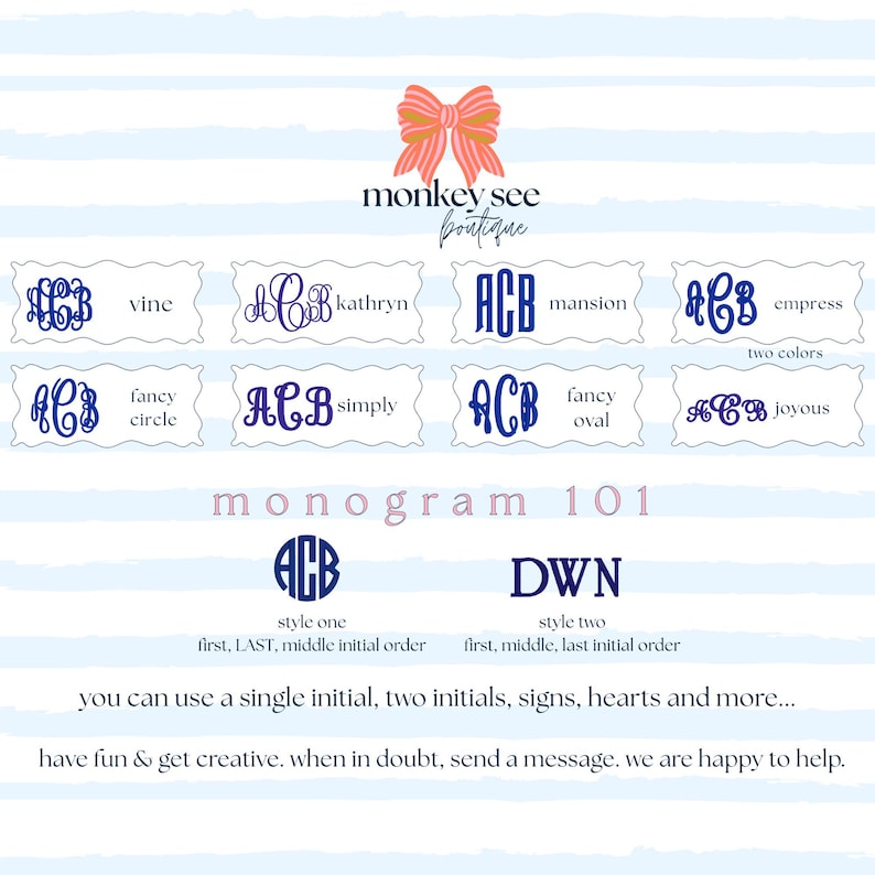 Pu&ograve; includere: Un'immagine con esempi di monogrammi con il testo "monkey see boutique". L'immagine mostra vari stili di monogrammi, tra cui "vine", "kathryn" e "mansion". Include anche il testo "monogram 101" e istruzioni sull'ordine delle iniziali.
