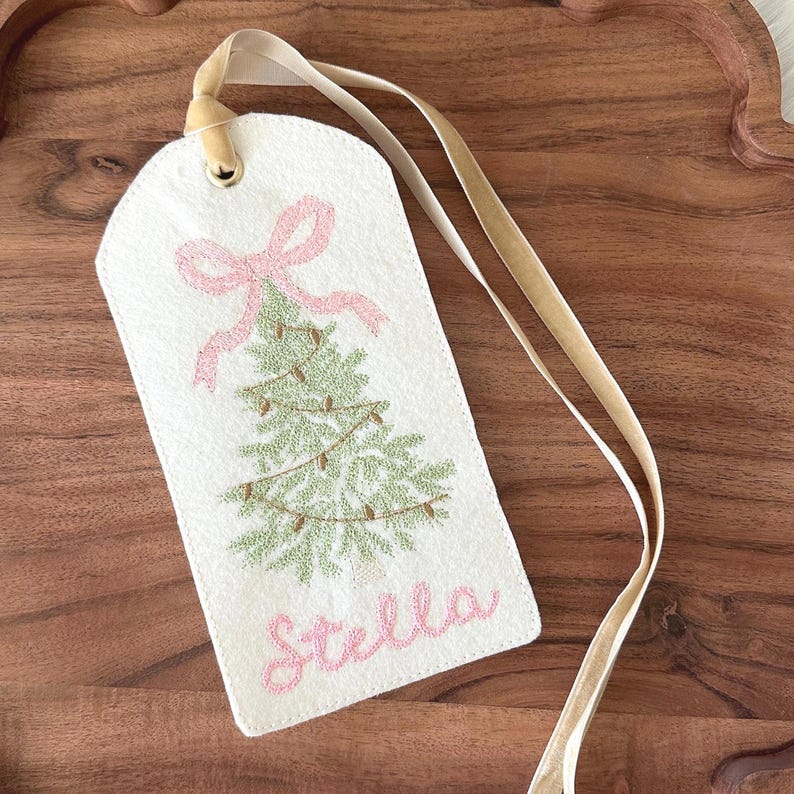 Personalized Embroidered Felt Christmas Tag – Velvet Ribbon Stocking Name