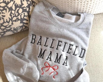 Embroidered Ballfield Mama Sweatshirt, Baseball Mom Crewneck, Custom Sleeve Pullover