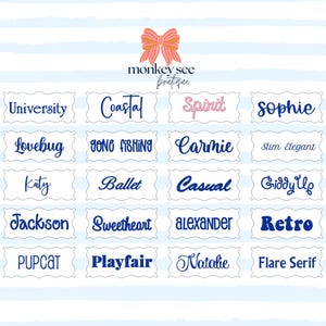 Pu&ograve; includere: Una collezione di etichette rettangolari con varie parole in caratteri corsivi e sans-serif. Le parole includono "University", "Coastal", "Spirit", "Sophie", "Lovebug", "Gong Fishing", "Carmie", "Katy", "Ballet", "Casual", "Jackson", "Sweetheart", "Alexander", "Retro", "Pupcat", "Playfair", "Natalie" e "Flare Serif".