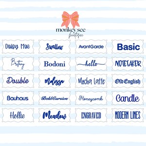 Pu&ograve; includere: Una raccolta di esempi di testo in vari font, tra cui "Daisy Mae", "Swallow" e "Avant Garde". Il testo &egrave; visualizzato in blu su rettangoli bianchi con bordi smerlati. Il logo "monkey see boutique" &egrave; in alto.