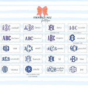 Pu&ograve; includere: Una griglia di design monogramma in vari stili e font, tra cui "casual", "fancy" e "circle". I design sono in tonalit&agrave; di blu e viola, con il logo "Monkey See Boutique" in alto.