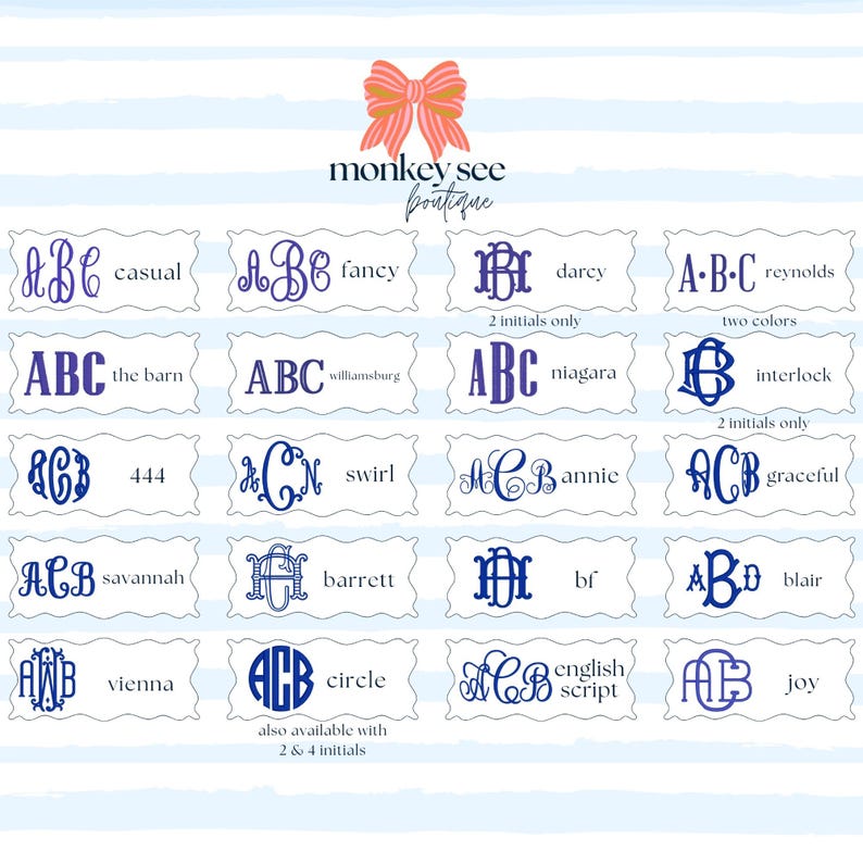 Pu&ograve; includere: Una griglia di design monogramma in vari stili e font, tra cui "casual", "fancy" e "circle". I design sono in tonalit&agrave; di blu e viola, con il logo "Monkey See Boutique" in alto.