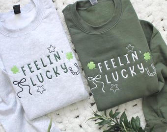 Embroidered Shamrock Horseshoe Sweatshirt, Western Clover St Patricks Day Top