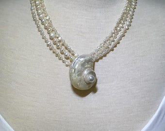 Collana di perle fatta a mano: conchiglia Delphinula, perle d'acqua dolce bianche