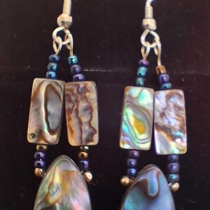 Pu&ograve; includere: Un paio di orecchini pendenti con elementi in conchiglia di abalone iridescente. Ogni orecchino presenta due pezzi rettangolari sospesi sopra un ciondolo a goccia, collegati da piccole perline blu scuro e metallizzate su ganci color argento.