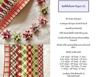 New Plaid; Red & Green~ Froebel Moravian German Star Paper Origami Ornaments Christmas Holiday DIY Weaving Craft Projects (50 Strips)