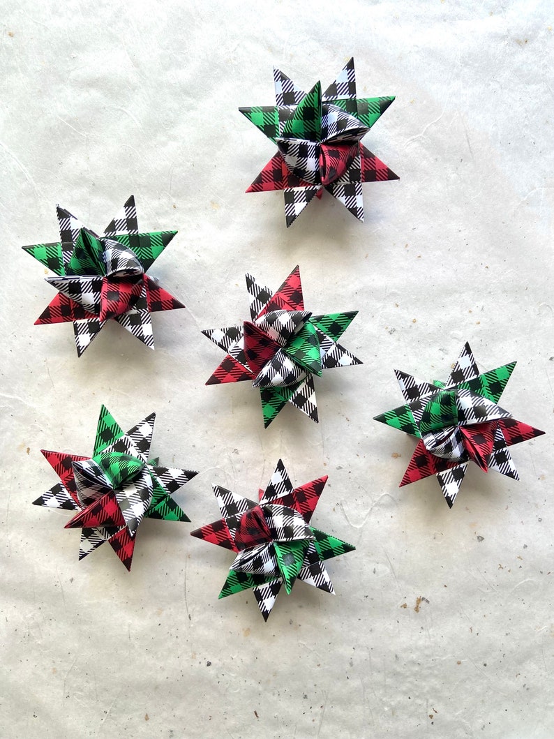 Moravian Paper Star Ornaments Red & Green Christmas Buffalo Plaid 3 inch image 2