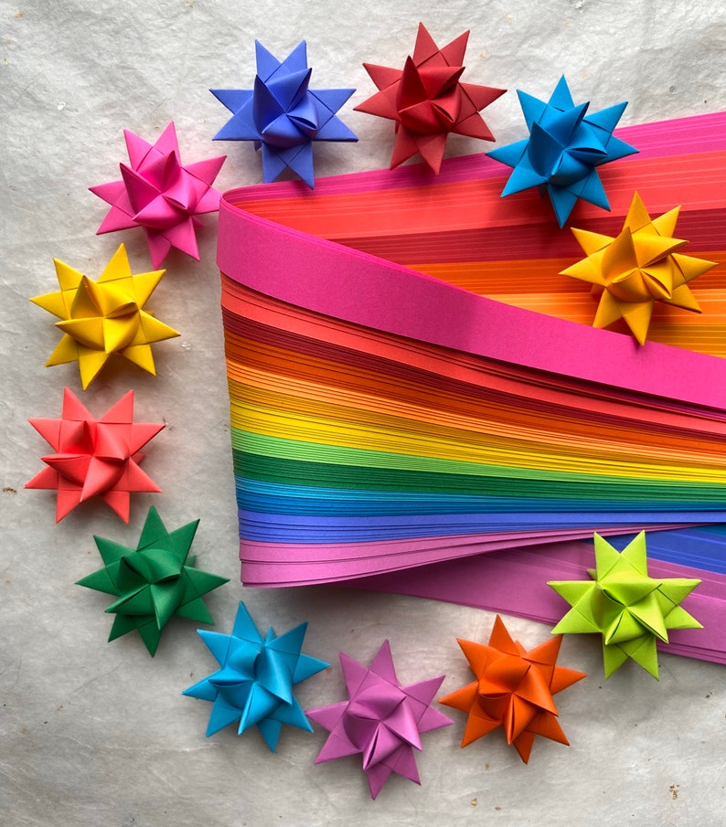 Rainbow Froebel Moravian German Star Paper Strips Origami Ornaments Colorful DIY Weaving Quilling Craft Projects image 1