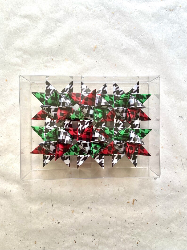 Moravian Paper Star Ornaments Red & Green Christmas Buffalo Plaid 3 inch image 5